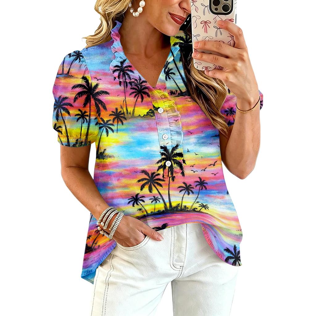 Women’s Casual Ruffle V Neck Top with Hawaiian Tree Print Short Puff Sleeve Button Down Relaxed Fit Summer Blouse