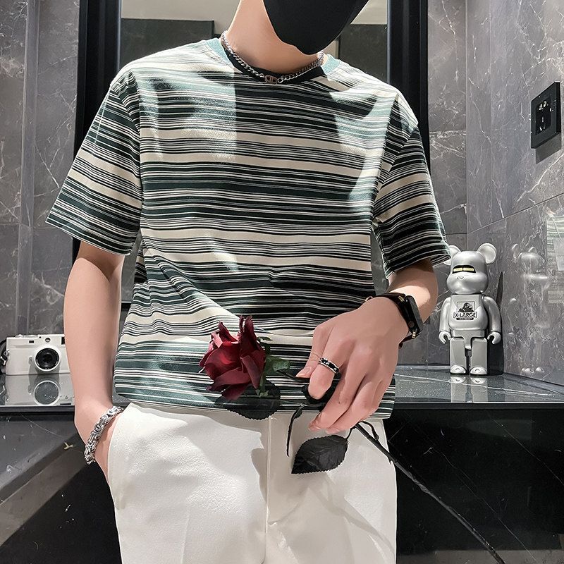 Summer Stripe Short-sleeve T-shirt for Men Casual T-shirt 2024 New Style Thin Men's Top Stylish and Handsome