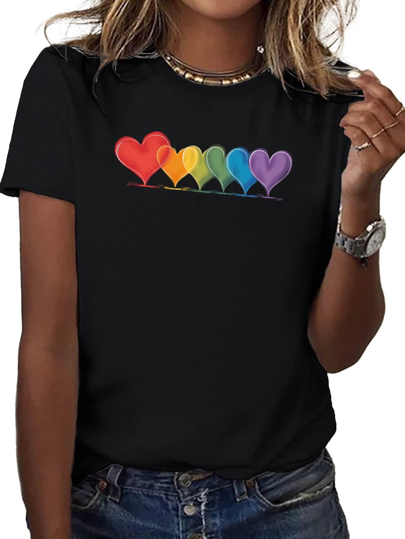 

With Colorful Heart Outlines Geometric Print Harajuku Short Sleeve Casual Tshirt Clothing Street Tops Tees Aesthetic Clothes 4XL