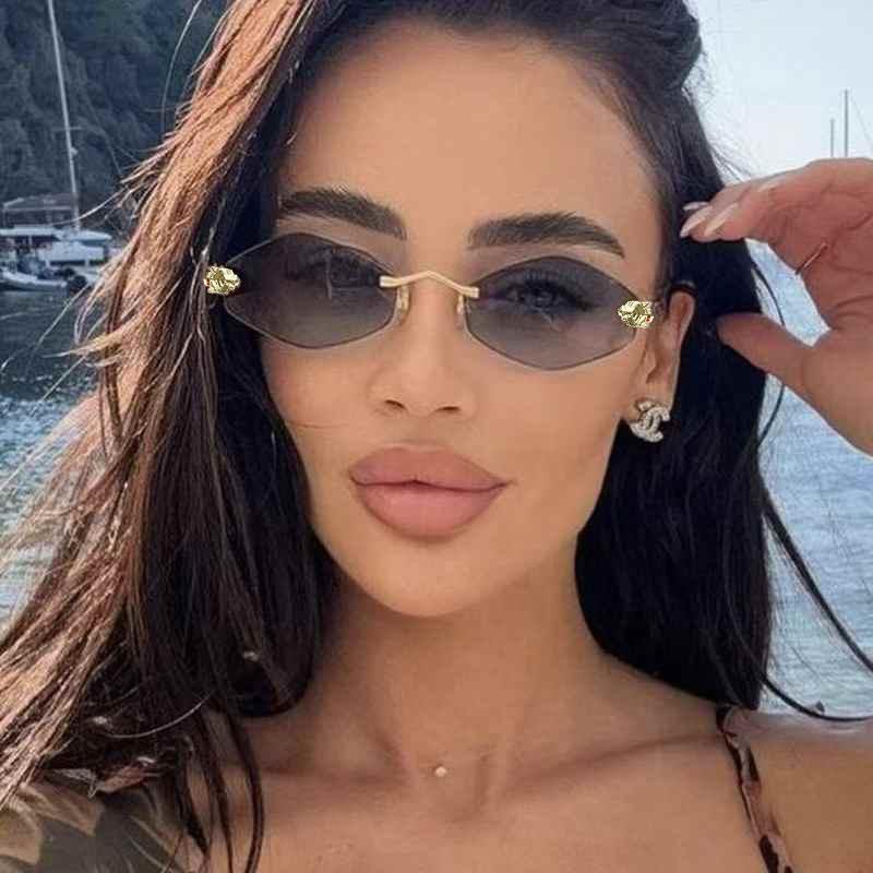 Vintage Rimless Rhombus Sunglasses Women For Men  Luxury Brand Designer Popular Punk Hip Hop Metal Leopard Head Sun Glasses