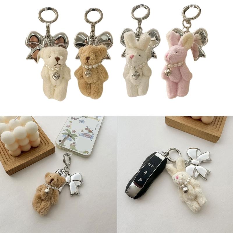 Elegant Plush Bear Keychain Charm Keyring Soft Furry Animal Pendant for Backpacks and Bags Fashion Accessory Decoration
