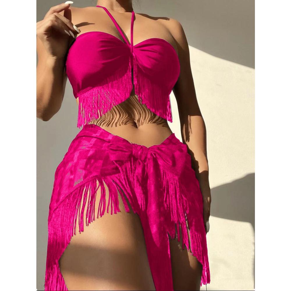 

Европейский и американский купальник-тройка с бахромой и сетчатым бикини-топом L розы красного