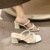 Casual Summer  Bare Toed Square Head Mid-heel Shoes Pleated Chunky Sandals with A Line Single Shoe Women Party Sandals
