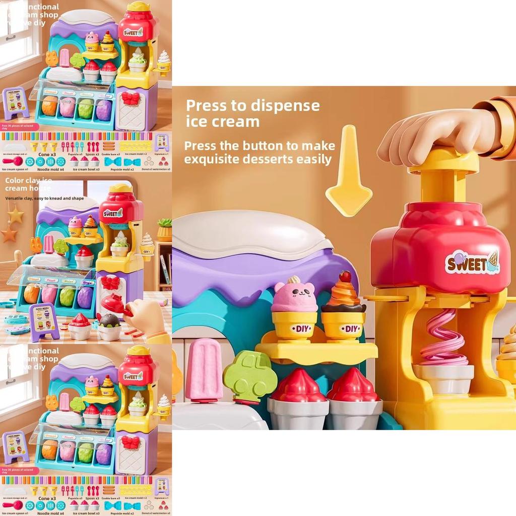 Kinder spielen Eismaschine Spielzeug mit bunter Knete für kreativen Spaß und Eltern-Kind-Interaktion