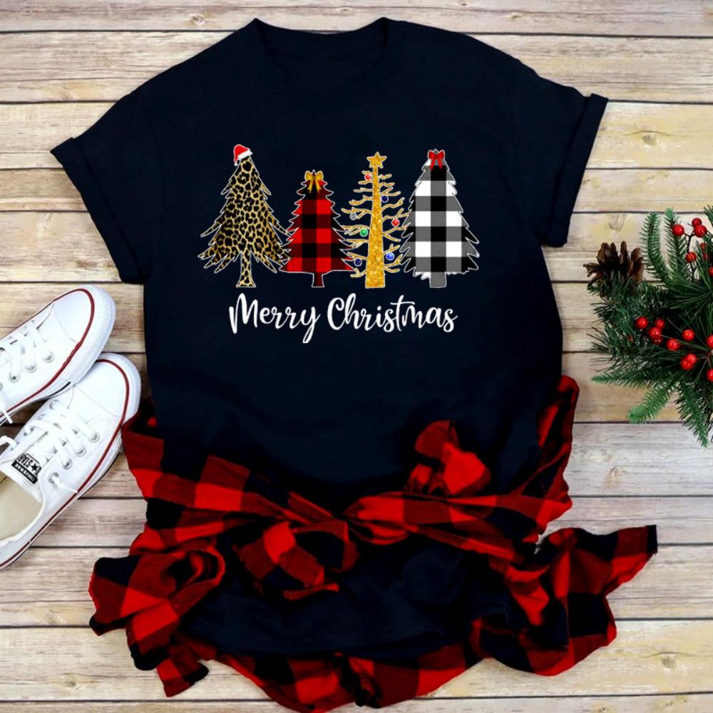 Casual Loose Fit Christmas Tshirt for Women Funny Cartoon Shiny Xmas Tree Print Top Holiday Festival Daily Streetwear Tee