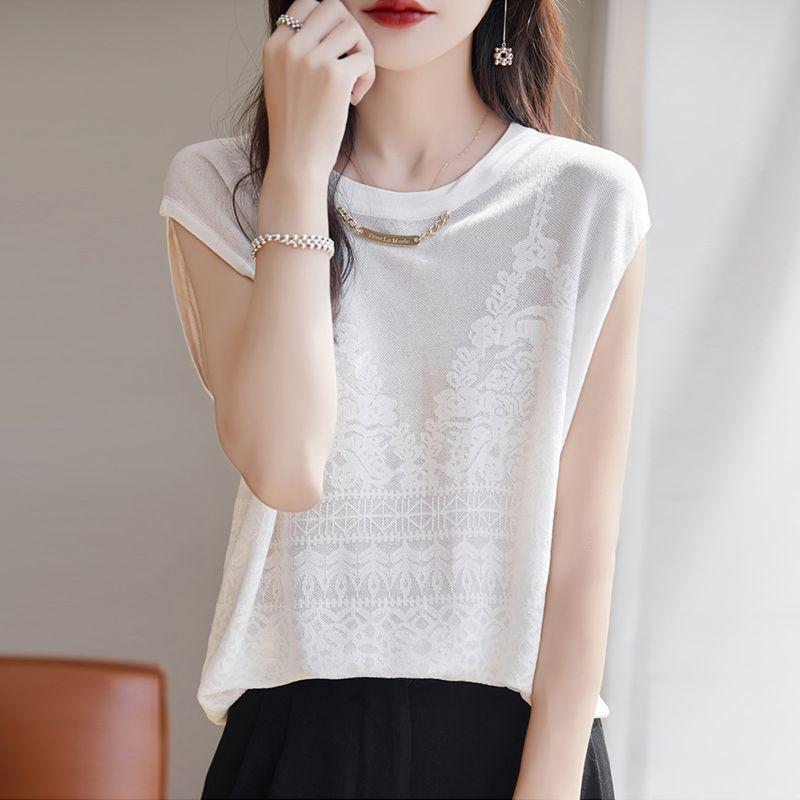 Temperament Sommer Neu Dünner Stil Eis Seide Damen O-Ausschnitt Einfarbig Jacquard Webart Kette Mode Elegant Ärmellos Locker Gestrickte Oberteile