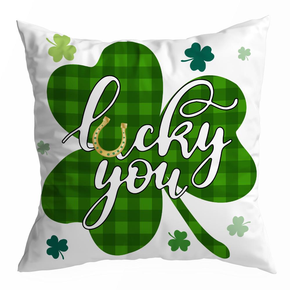 St. Patrick's Day Peach Skin Velvet Pillowcase, Green Four-leaf Clover Printed Sofa Pillow Cushion