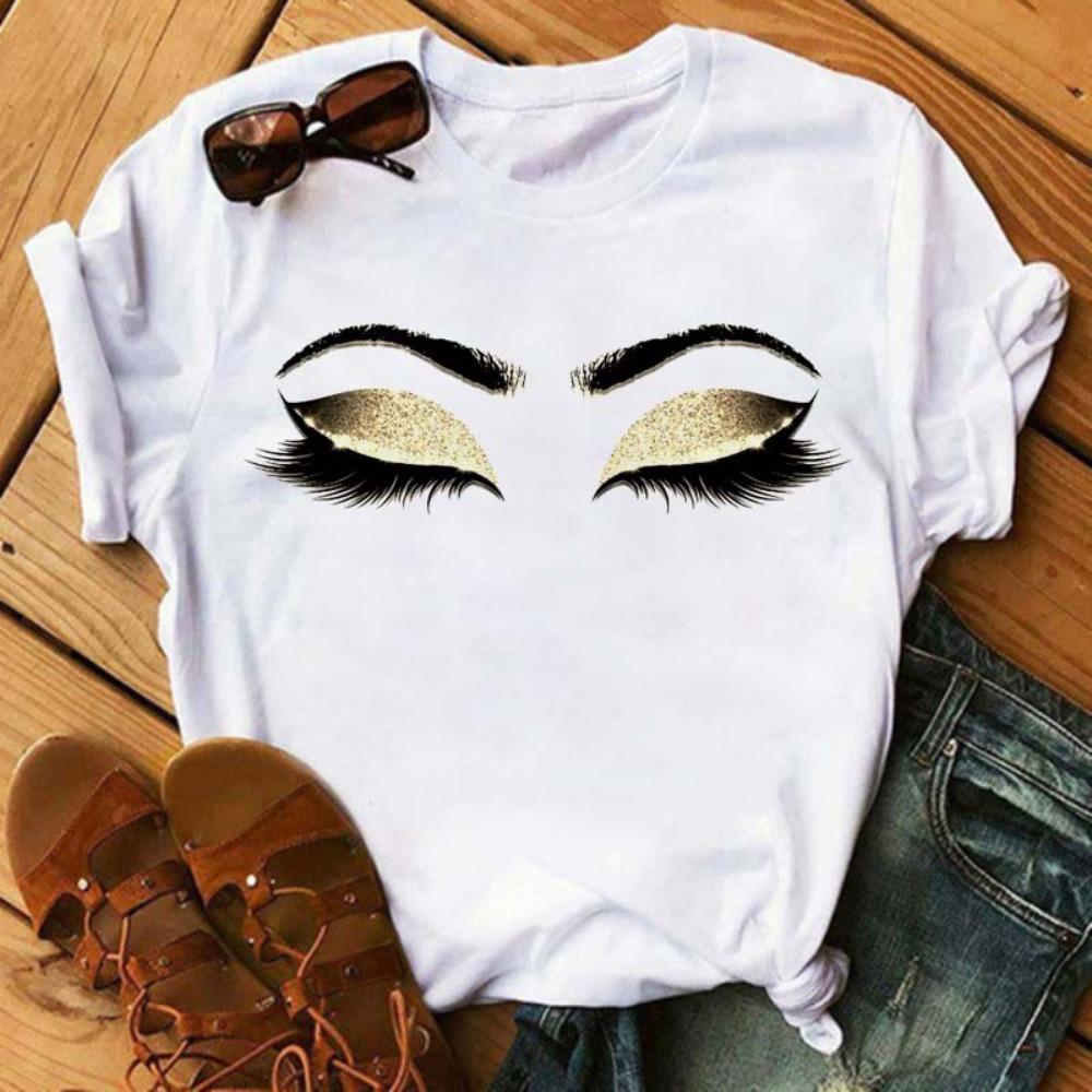 Maycaur Neues Niedliches Wimpern Rote Lippen Aufdruck Damen T-Shirt Sommer Freizeit Kurzarm O-Ausschnitt T-Shirt Mode Damen Oberteil