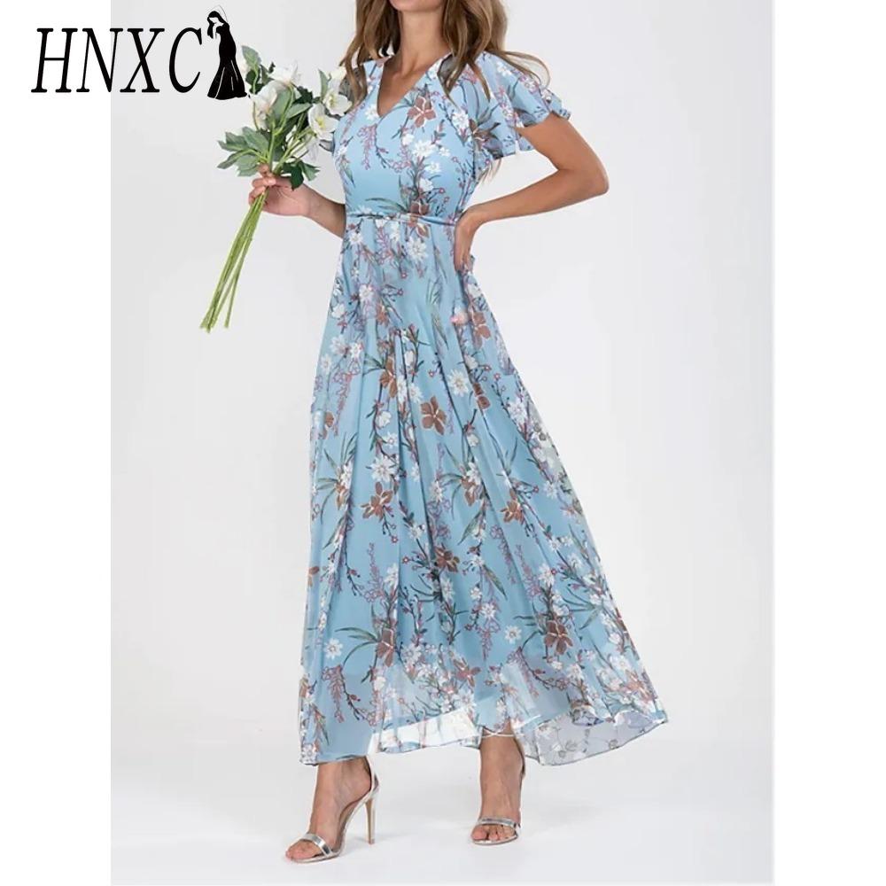 HNXC 6 Color V-neck Ruffle Maxi Dress Short Sleeves Fitted Waist High Waist Flowy Hem Cute Floral Chiffon Dress Women Clothing