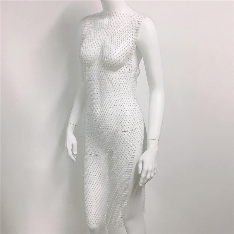 Crystal Diamond Beach Dress Women Sexy V Neck Hollow Out Rhinestone Sleeveless Bodycon Dress 2021 Mesh Party Dresses #0729