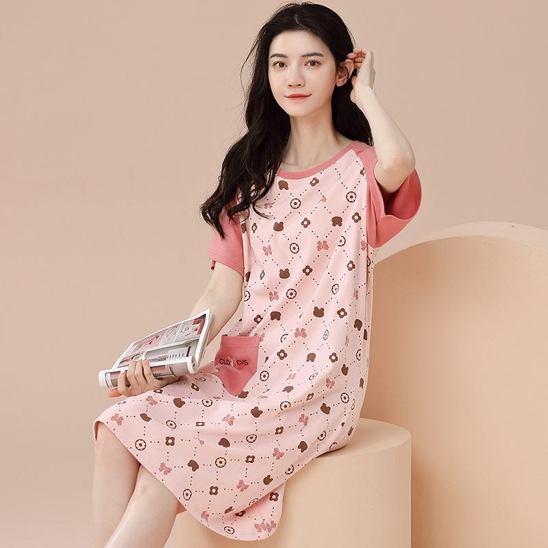 Women's Summer Korean-Style Pure Cotton Short Sleeve Loose Mid-Length Nightgown Pajamas for Home or Casual Wear