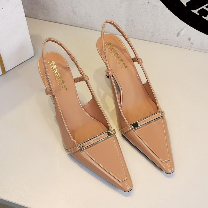 European Style Banquet Pointed Toe Stiletto Heels Patent Leather Metal Buckle Open Back Strap Vulcanized Shoes for Women