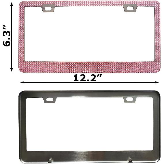 Pink Bling License Plate Frame for Women, Sparkly Rhinestone Handcrafted Crystal Premium Stainless Steel, Stainless Steel Car Accessories with
