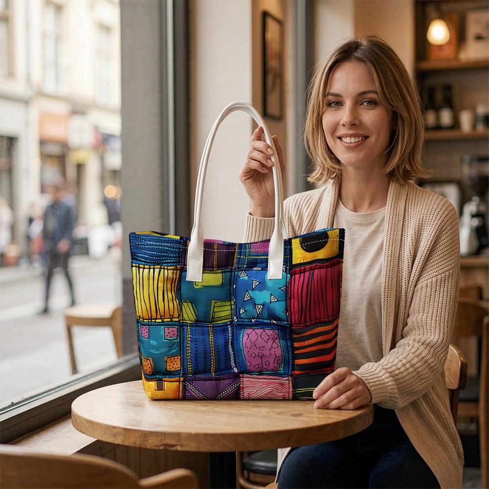 Colorful Patchwork Print Tote Bag Casual Daily Use Shoulder Bag Fashion Lightweight Top Handle Shopping Bag