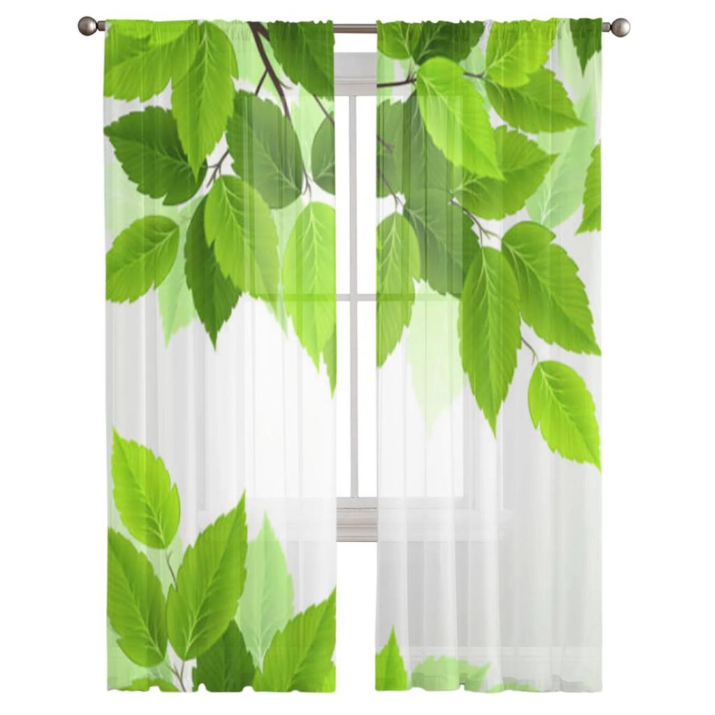 Fresh Green Leaves Tulle Sheer Window Curtains For Living Room Bedroom Modern Chiffon Voile Curtains Fabric Drapes