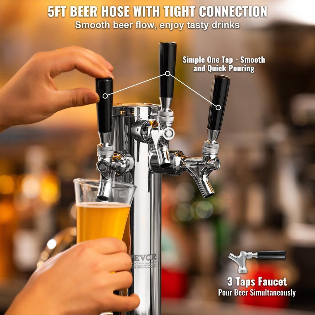 Triple Taps Draft Beer Tower Dispenser, Stainless Steel Keg Beer Tower, Kegerator Tower Kit with Pre-Assembled Tubing and Self-Closing Faucet Shanks