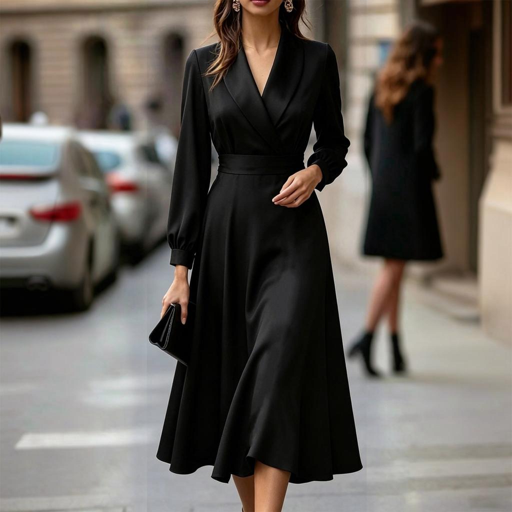 Damen-Midi-Kleid mit langen Ärmeln, Blazer-Kragen, tailliertem Schnitt und ausgestelltem Rock, elegantes Büro-Stil-Kleid für die Arbeit und formelle Anlässe