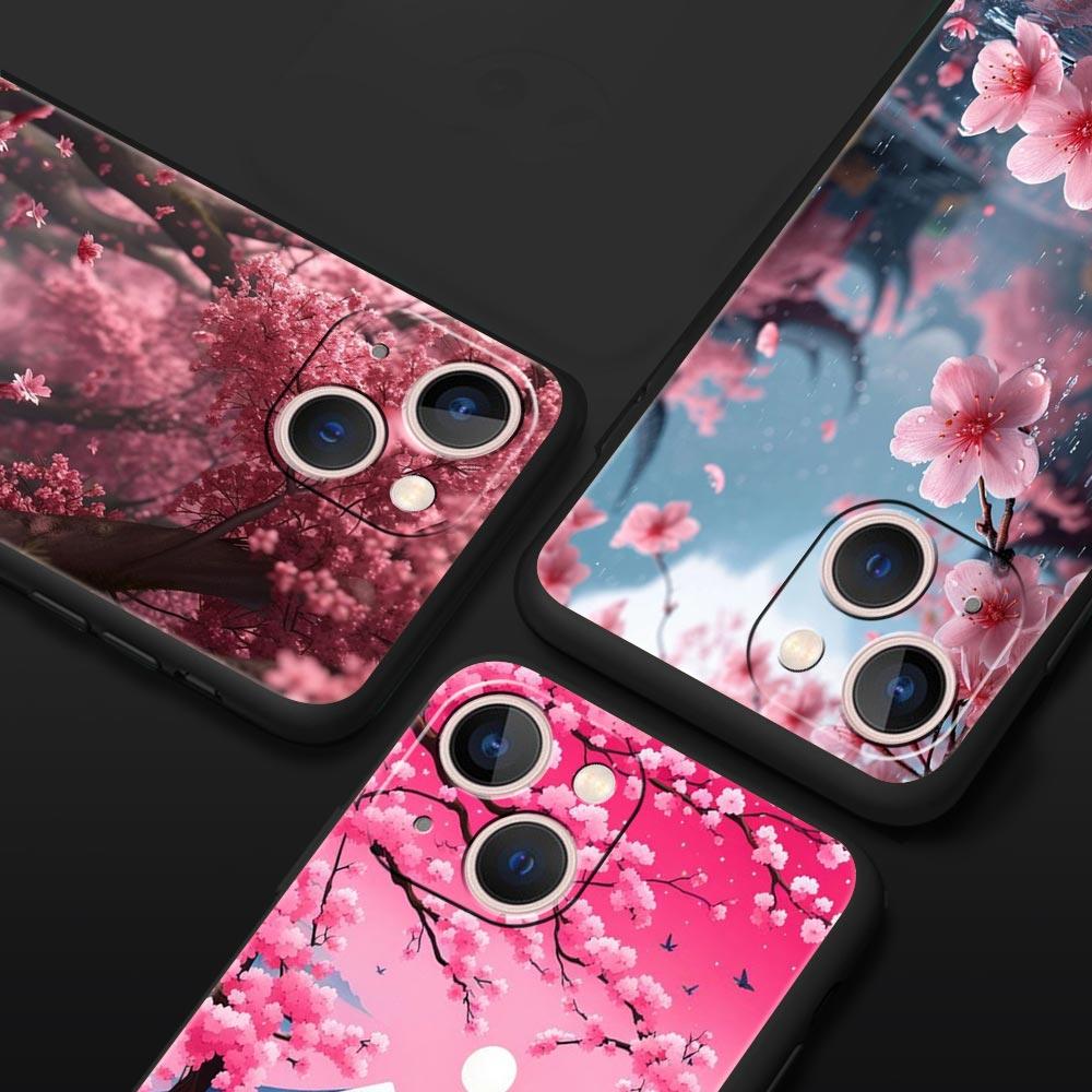 Coque de téléphone Rose Fleurs de Cerisier Printemps Pour iPhone 17 16 15 Pro Max 11 12 13 14 7 8 Plus SE 2020 X XR XS Cover Souple Noir