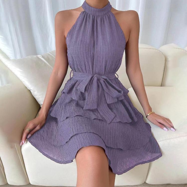 Autumn Winter Women Sleeveless High Waist A-Line Dress Solid Color Halter Casual Knee-Length Ruffled Edges