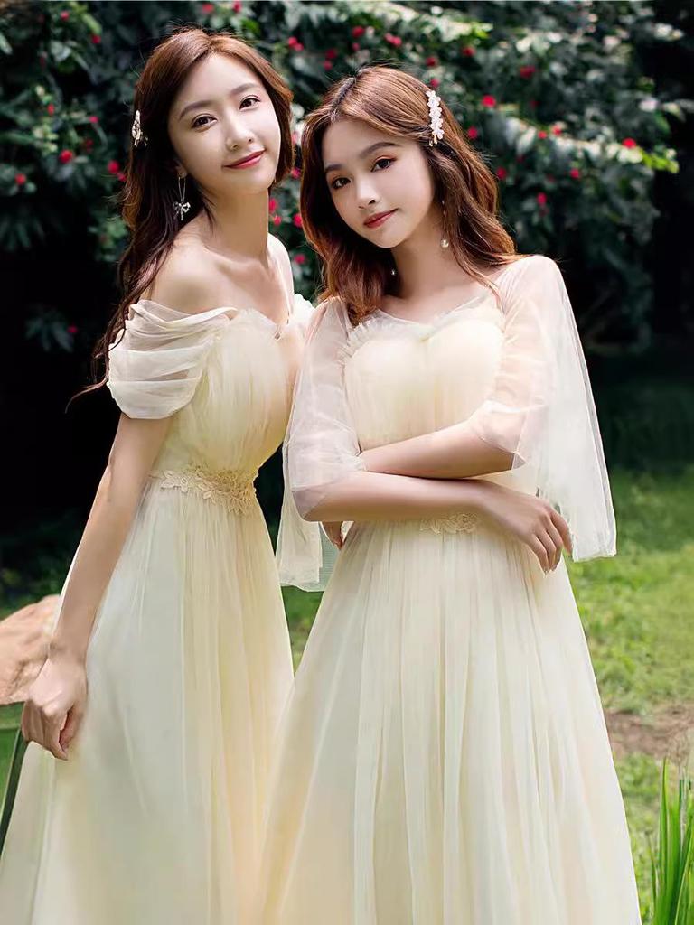 2025 New Off-the-Shoulder Bridesmaid Dress: Mid-Length, Slimming, with Fairy Charm for Special Occasions.