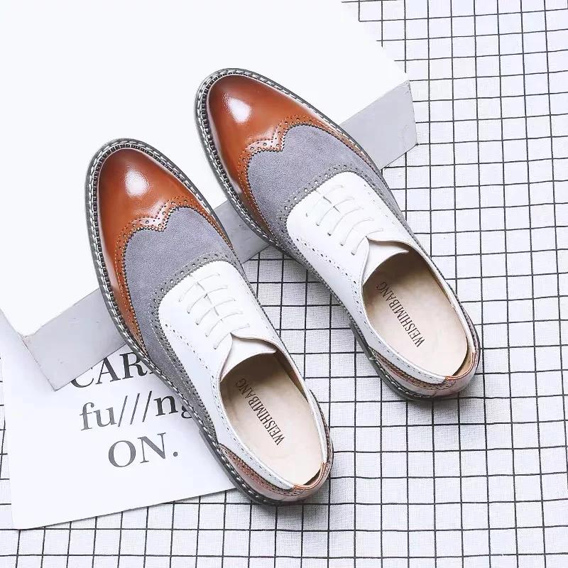 Fashion Large Size Men's Leather Shoes Color Matching Pointed Toe Business Casual Leather Shoes Men's Carved British Retro Shoes