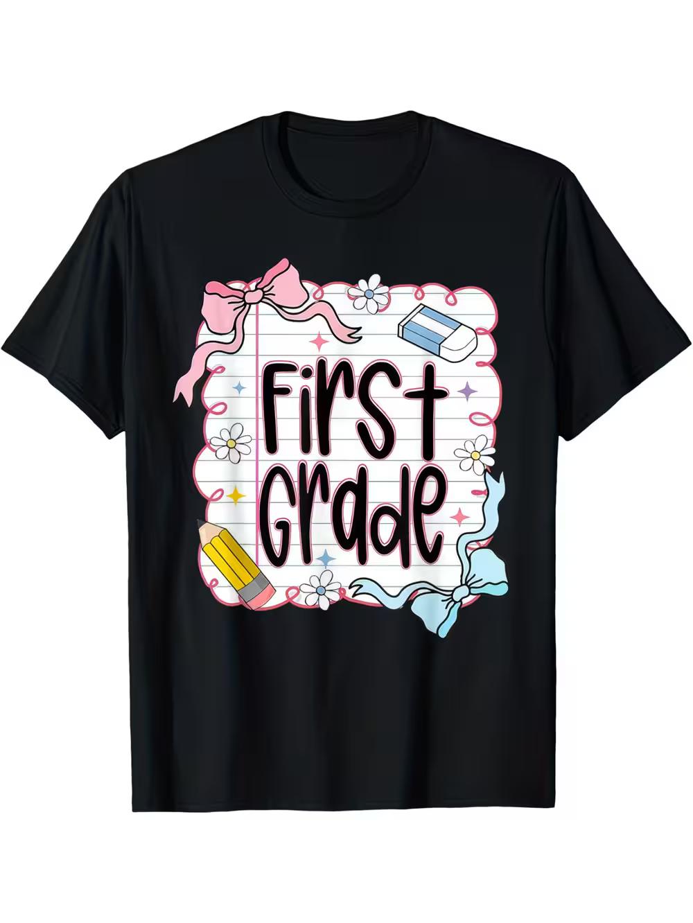 

Black T-Shirt for 1St Grade Teachers Or Students - Features First Grade Design in Pink - Comfortable Loose Fit Casual Tee for Educators XXXL