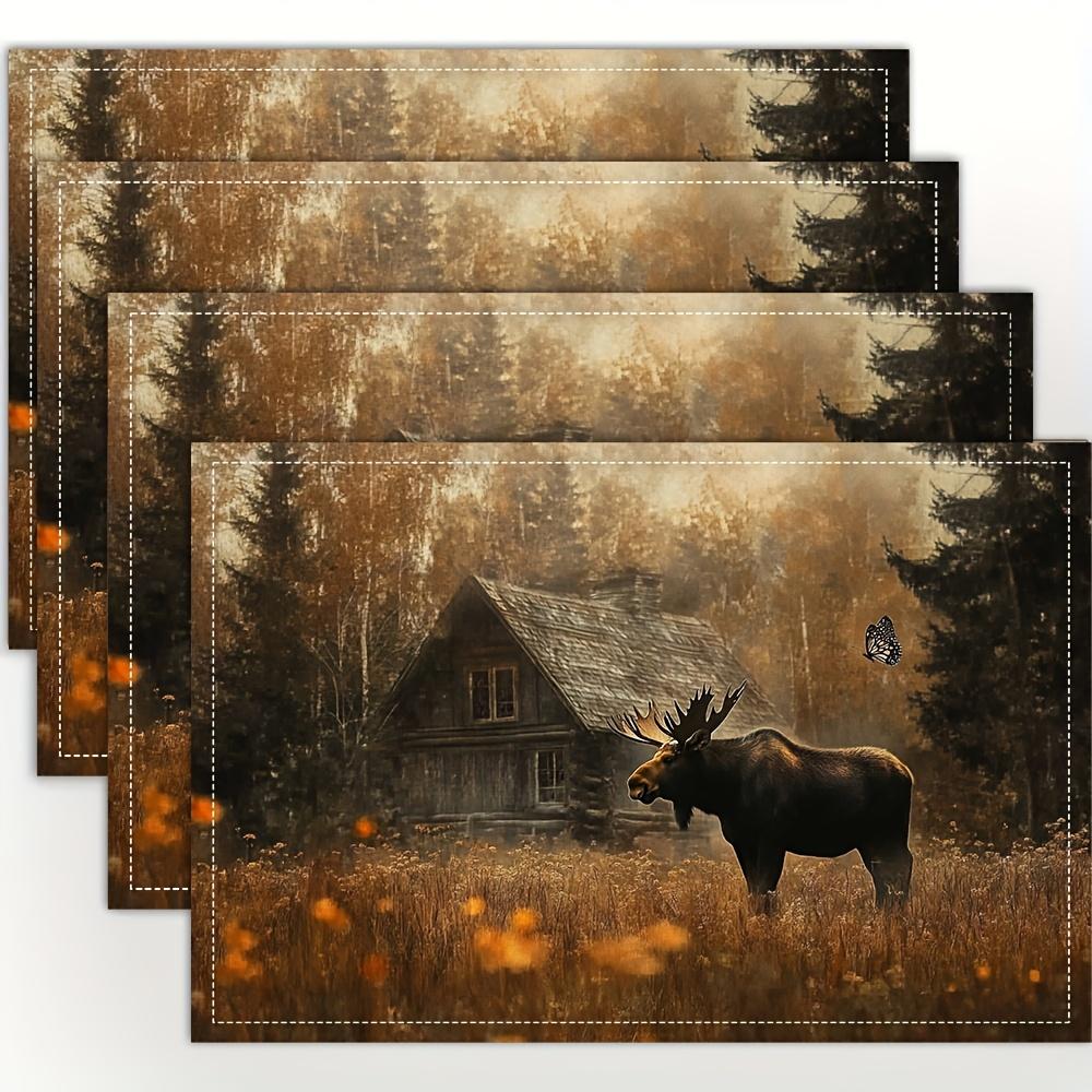 

Moose Forest Cabin Placemats Set Of 4 Rustic Table Mats Linen Blend Washable Heat Resistant For Home Dining Room Kitchen Decor 4PCS