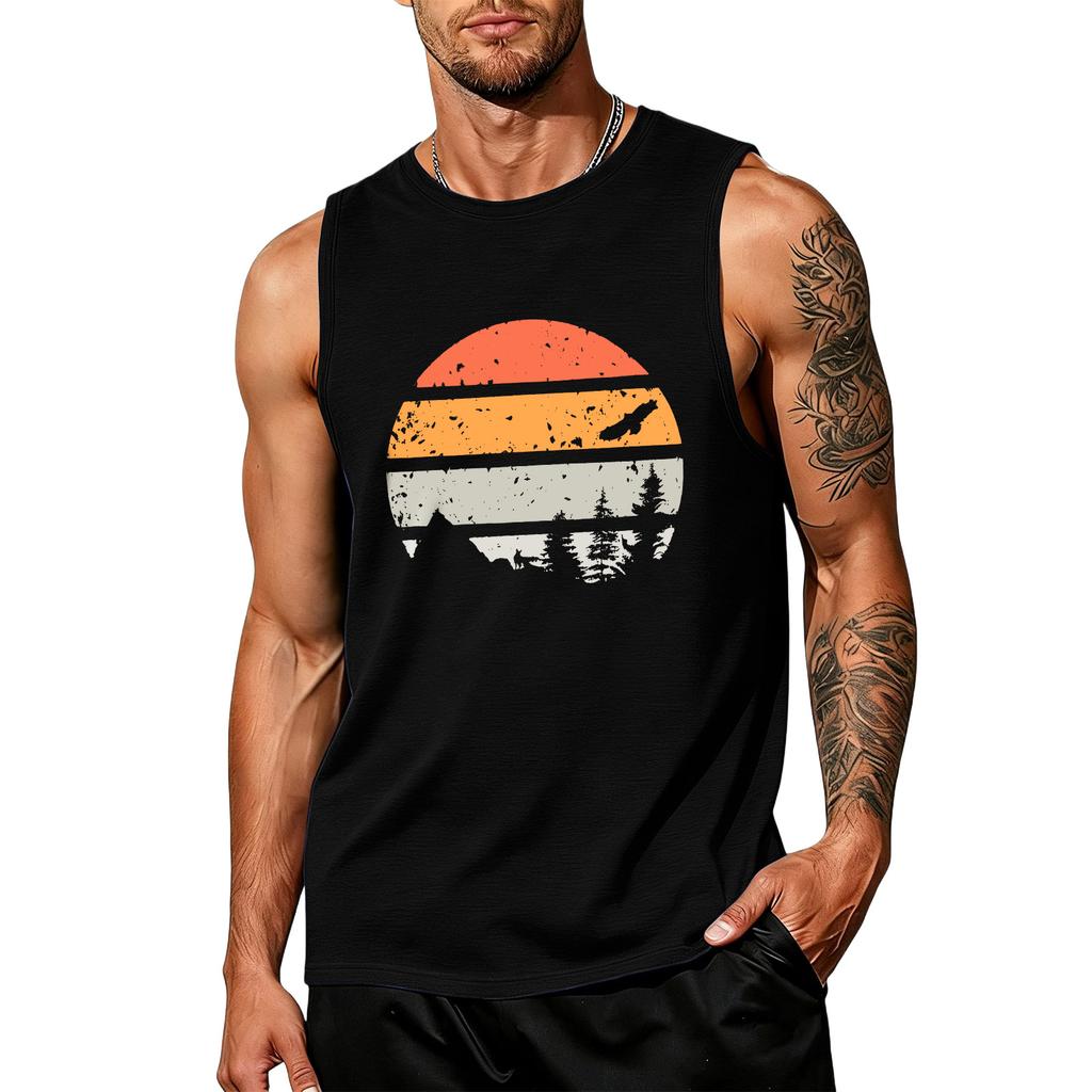 Mens Sleeveless Tank Top Crew Neck Graphic Print Vintage Style Casual Loose Fit Comfortable Shirt