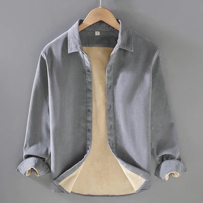 Autumn and Winter Warm Shirt Men Daily Casual Long Sleeve Shirts Lapel Collar Corduroy Fleece Shirt Retro Simple Style Thicken Men Tops
