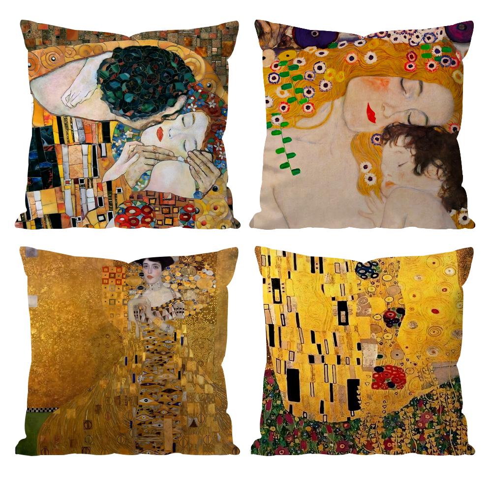 Gustav Klimt Oil Painting Cushion Cover Pattern Printed Pillowcase for Living Room Sofa Cushion Cover & Bedroom Decor