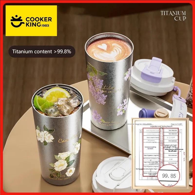 COOKER KING 520ML Pure Titanium Insulated Cup Flower Pattern Portable Thermos Cup Dual-Drink Coffee Mug Car Water Cup for Gift