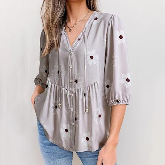 Women Shirt Loose Fit V Neck Printed Button Placket Shirt Tops Half Sleeve Breathable Summer Casual Tops