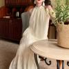 Vintage Ärmellose Neckholder Midikleider für Damen Spitze Sexy Off Shoulder Loose French Langes Kleid Frühling Sommer 2024 Apricot