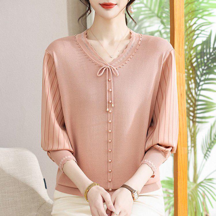 Fashion Casual V-Neck Lace-Up Knitwear Pullover for Women: Long-Sleeved Mother's Day Top