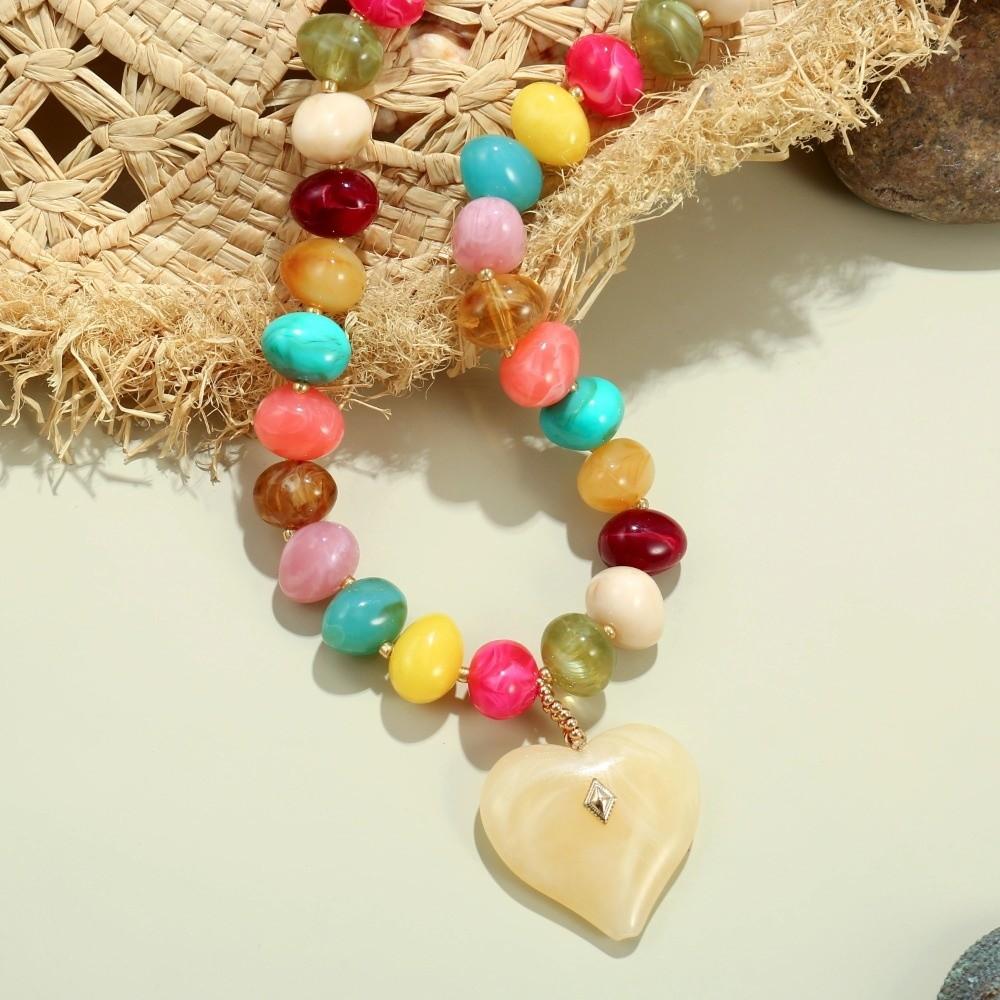 Colorful Beads Chunky Beads Necklace Heart-shaped Collarbone Chain Pendant Necklace Jewelry Gifts
