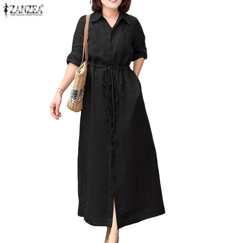 ZANZEA Women Casual Turn Down Collar Loose Long Sleeve Dress