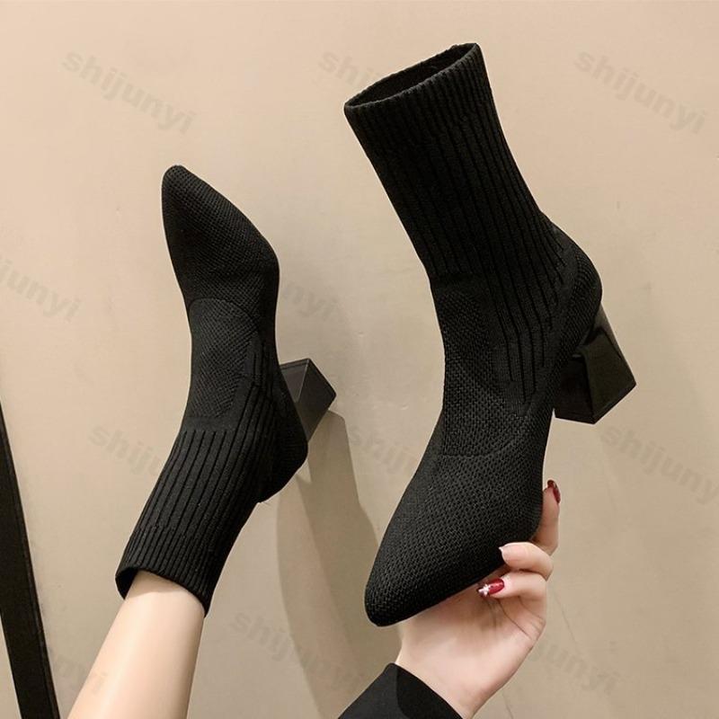 Fashion Women Ankle Boots Pointed Elastic Socks Boots Fashion High Heels 2025 Autumn/Winter Fashion Booties Lady Shoes New Thick Heeled