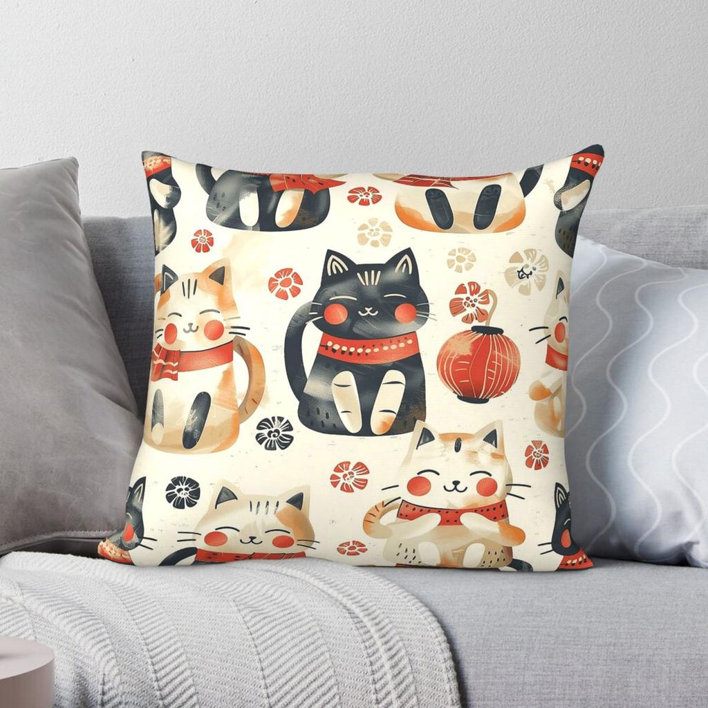 Japanese Neko Cat ManekiNeko Square Pillowcase Polyester Linen Velvet Printed Zip Decorative Bed Cushion Cover x
