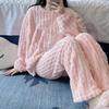 Women's Cute Cartoon Round Neck Flannel Pajamas - Warm Striped Coral Fleece Homewear Set for Autumn and Winter