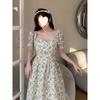 Design Sense Niche Square Neck Bubble Sleeves Floral Princess Dress Summer Thin Temperament Versatile Dress Children