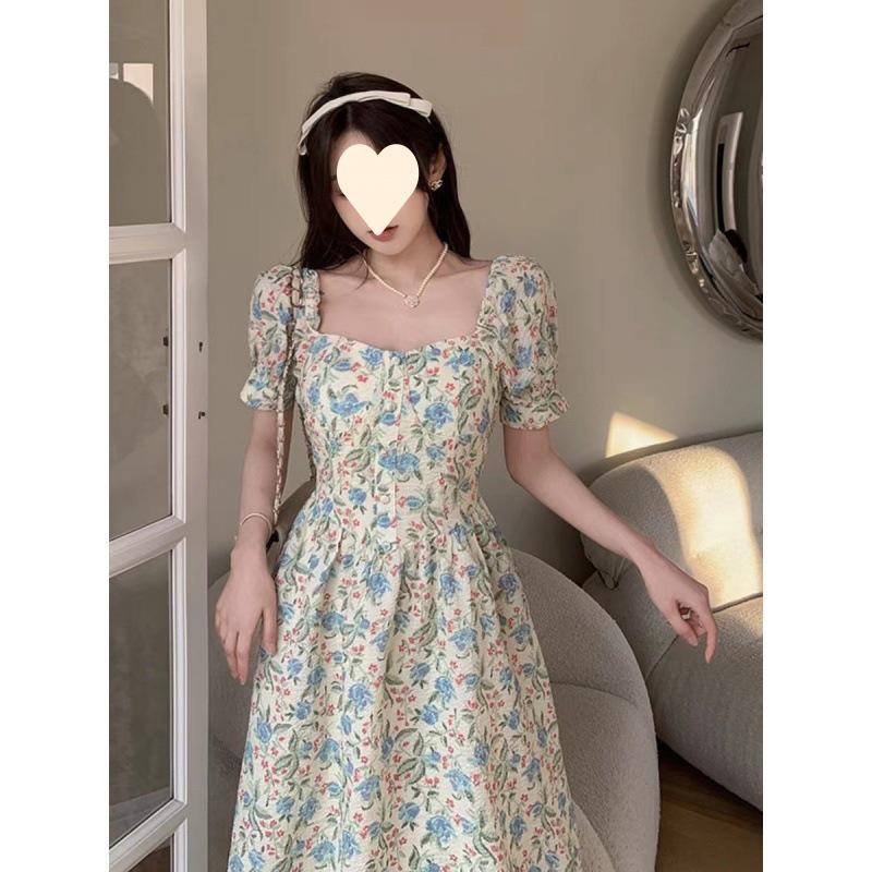 Design sense niche square neck bubble sleeves floral princess dress summer thin temperament versatile dress children
