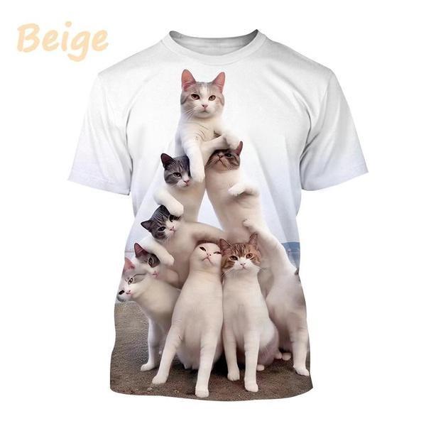 Funny Cute Cat 3D Printing T-Shirt Animal Creative Personality Interesting Street Round Neck Short Sleeve Tees Tops