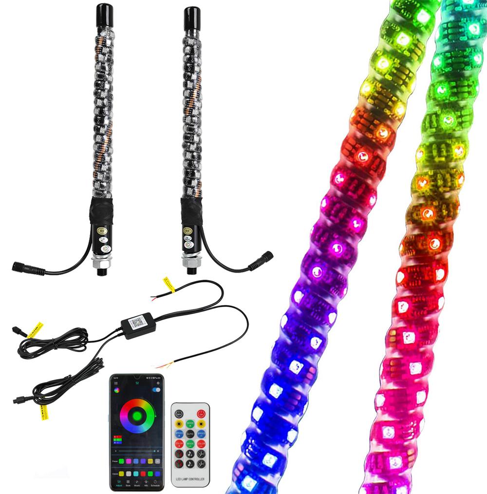 12V RGB LED Whip Lights 1FT Pair with Remote APP Control ATV UTV Off-Road