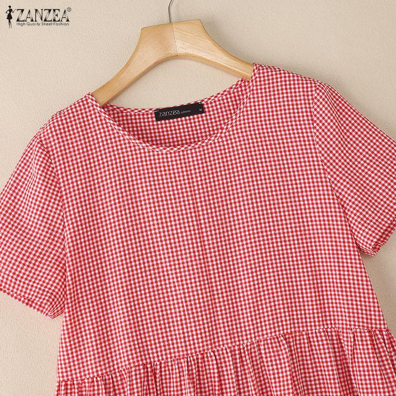 ZANZEA Women Casual Round Neck Summer Short Sleeve Plaid Print Dress