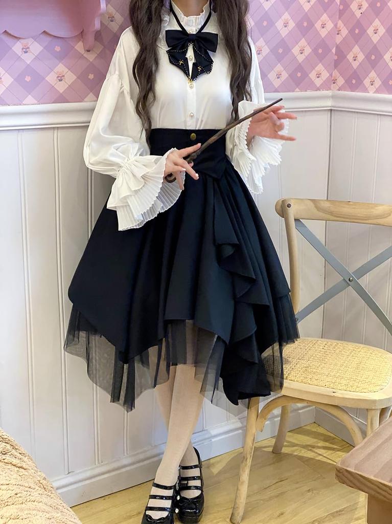 WANSHIX Gothic Long Sleeve Ribbon Blouse and Tulle Skirt Cute Princess Landmine Winter Black and Women's 3-Piece Set, Lolita, Style, Style, Spring,