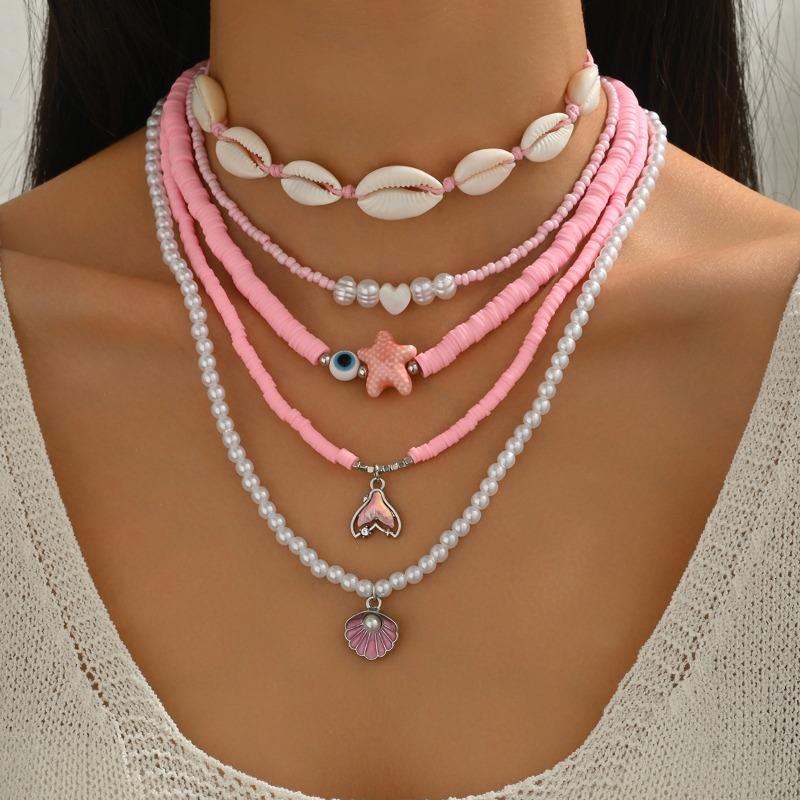 Pink shell necklace, seaside vacation style fashion beaded starfish pearl multi-layer stacked necklace women