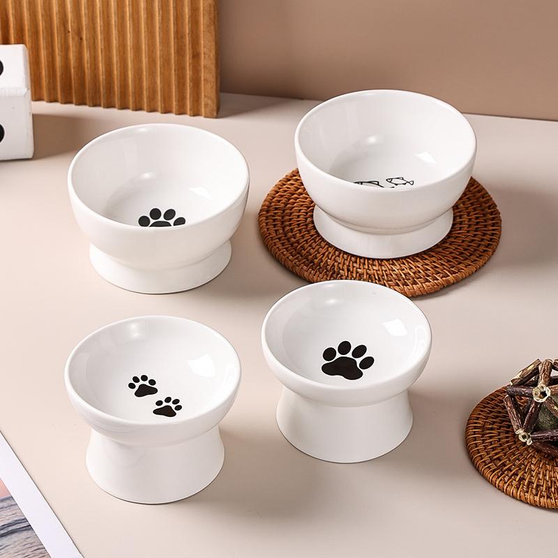 Ceramic Tall Footed Drinking Water Food Bowls, Anti Overturning Neck Protection Flat Mouth Snacks Cat Bowl, Pet Articles, 1Pc