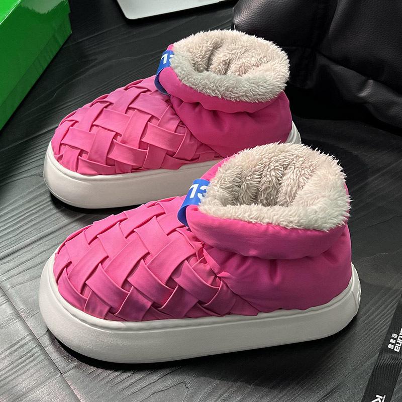 

Водонепроницаемая ткань Теплый плюш Женские зимние ботинки Плетеный дизайн Противоскользящая платформа Толстая подошва Уличная хлопковая обувь для пар 44-45