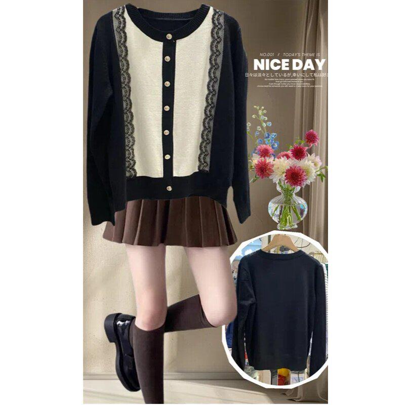 Spring and Autumn 2026 Casual Slimming Lace Patchwork Knit Sweater for Women Medium