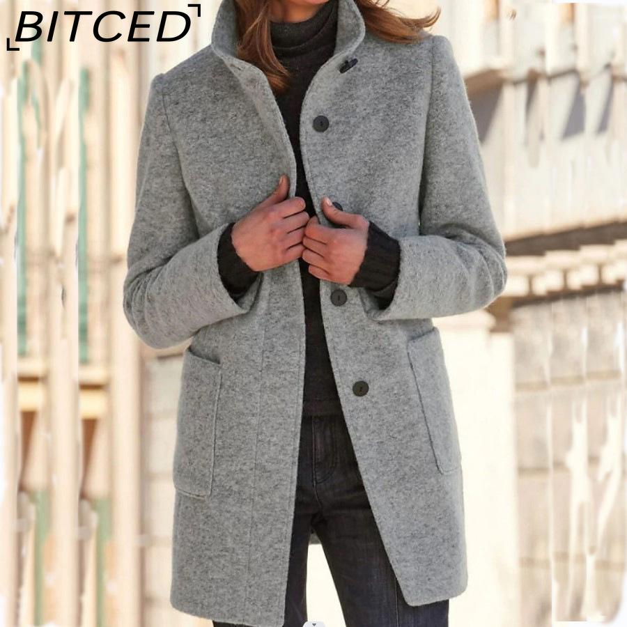 BITCED Autumn/Winter Women's Vintage Solid-Color Button-Up Stand Collar Wool Coat